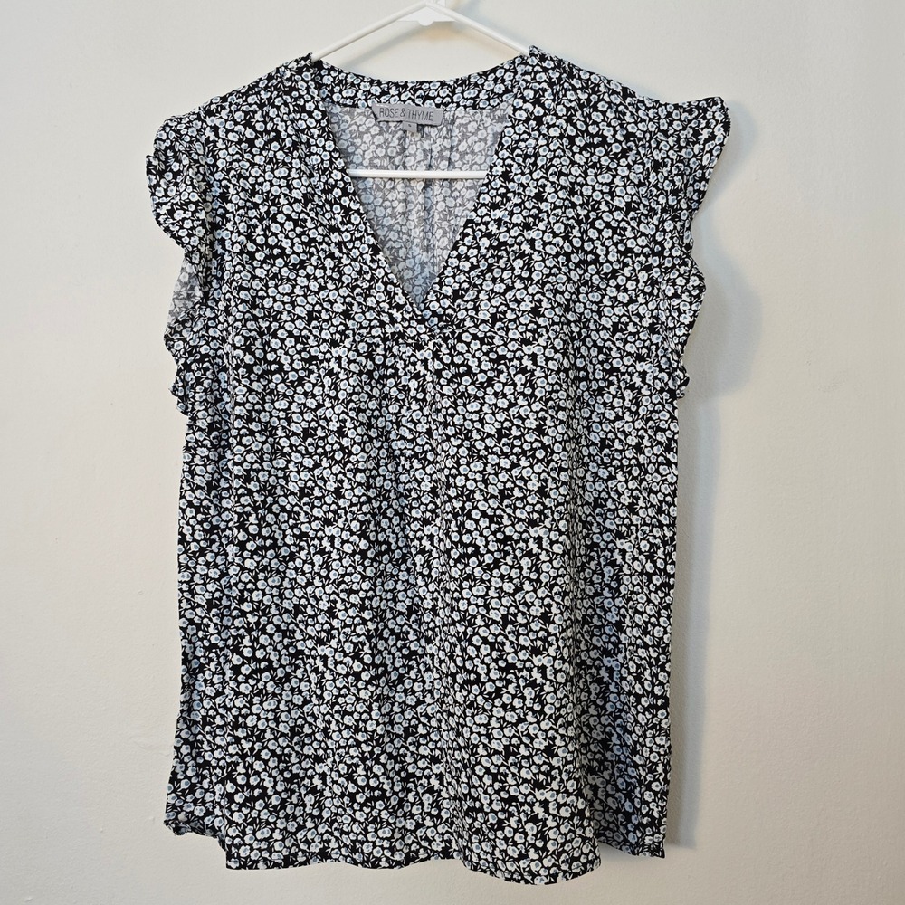 Rose & Thyme Blouse Black V Neck Womens Small